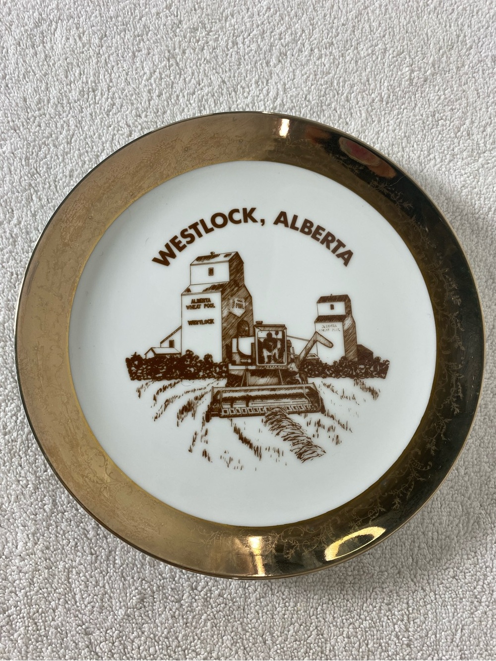 Vintage Aalco Souvenirs Westlock Alberta Plate Grain Elevator Combine Gold Rim